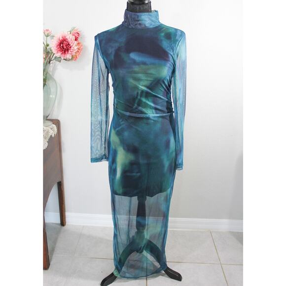 New Size Large Sheer Mesh Maxi Dress Womens Teal Green Swirl Long Sleeve Bodycon - Picture 1 of 4